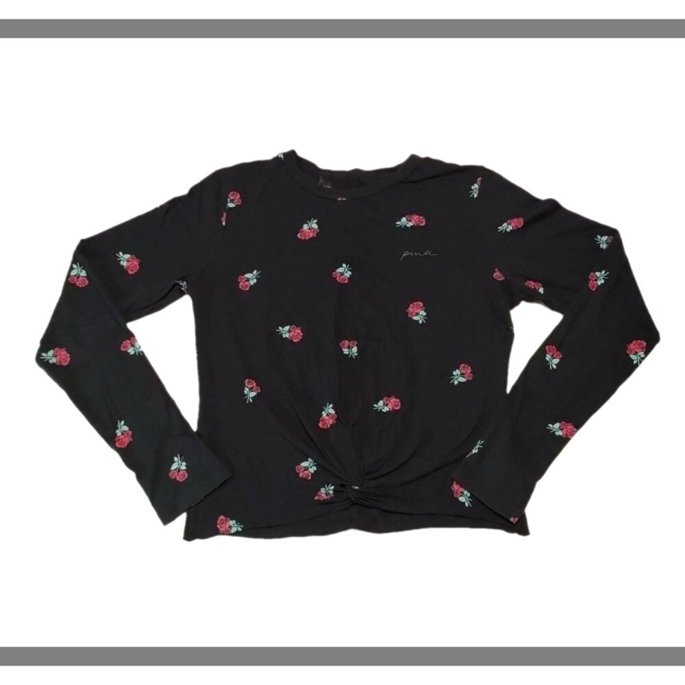 S Pink Victoria's Secret Twist Front Black Long Sleeve T-shirt Red Roses Modal